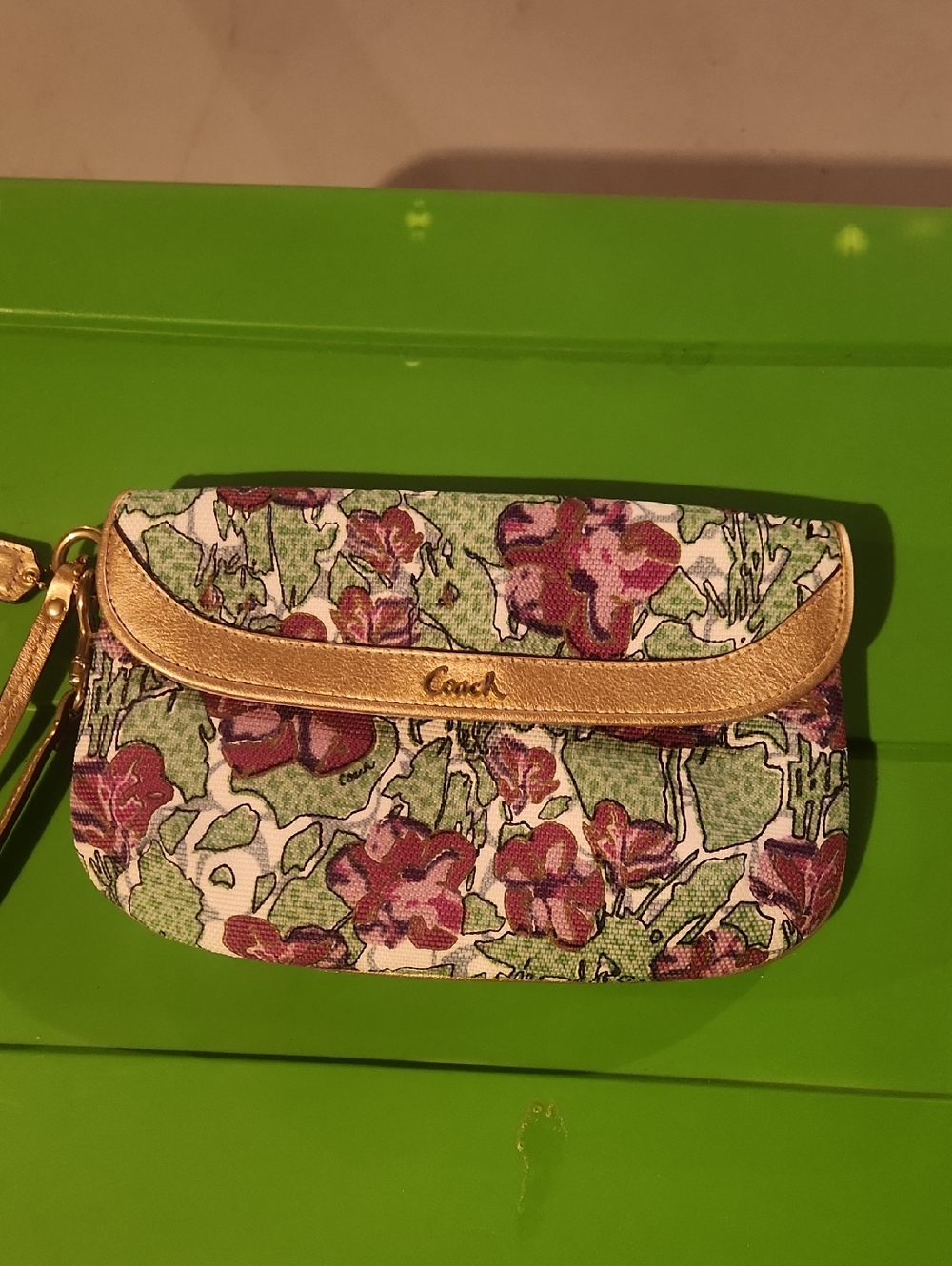 Coach Floral Canvas Wristlet with Gold Trim - Green & Pink